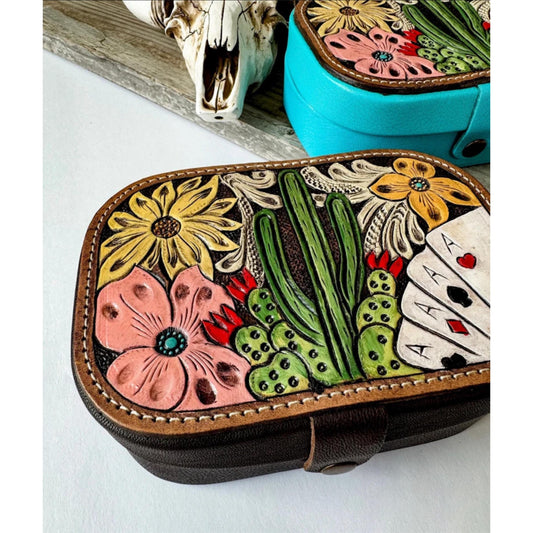 HAND PAINTED JEWELRY box | jewelry storage box travel case | gift idea | leather tooled leather | punchy cowgirl gift idea cactus flowers