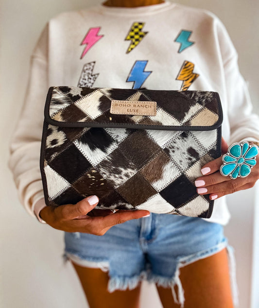 BOHO LUXE FOLDABLE travel jewelry bag - Genuine Hair On cowhide | Leather makeup bag travel toiletry pouch western cosmetics