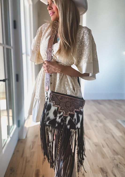 THE DIXIE CROSSBODY Hairon western cowhide hand tooled leather purse Messenger Fringe cowhide Bag