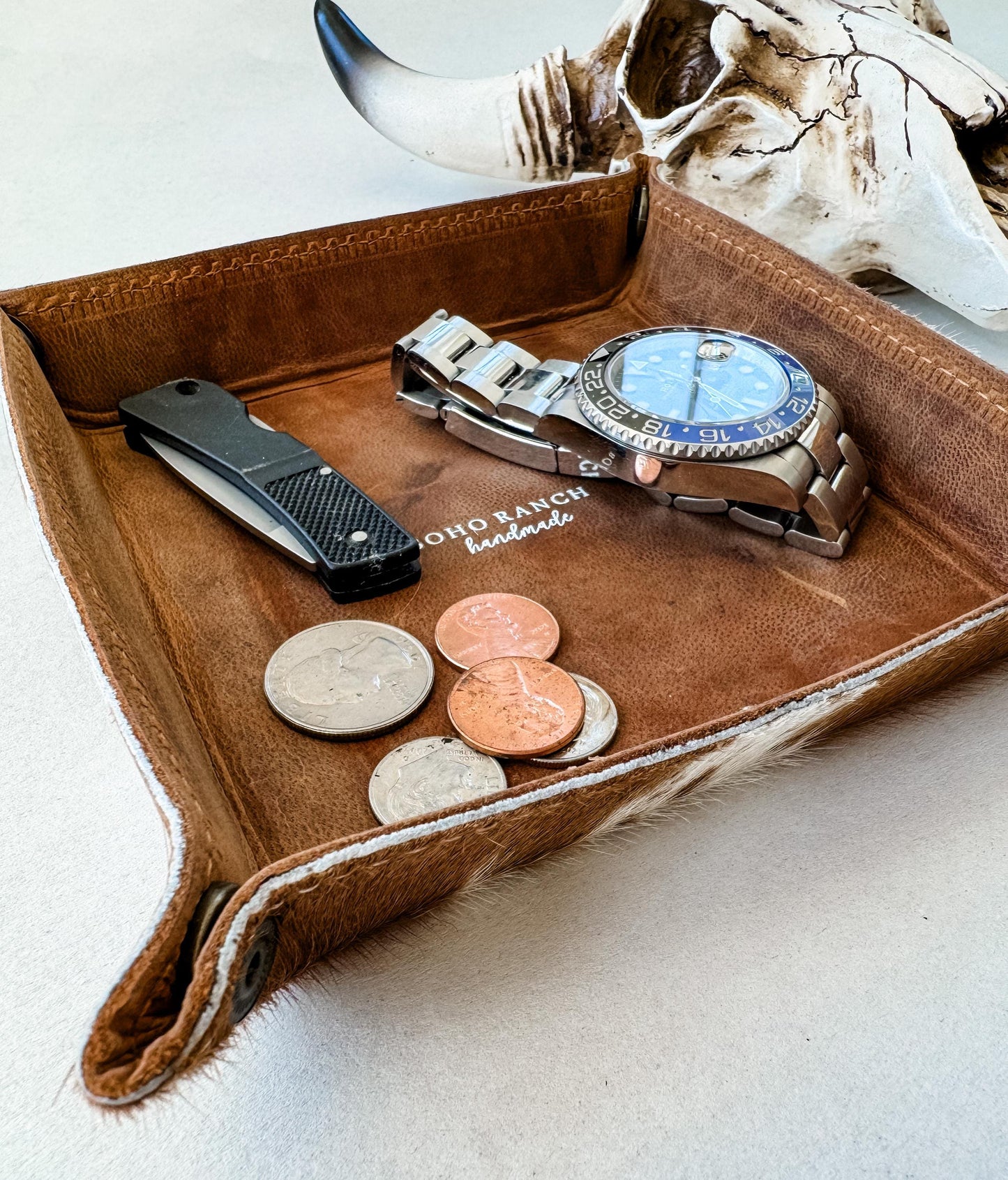 COWHIDE LEATHER TRAY - jewelry storage - Genuine Hair On cowhide | Leather catch all tray, valet tray, storage organizer