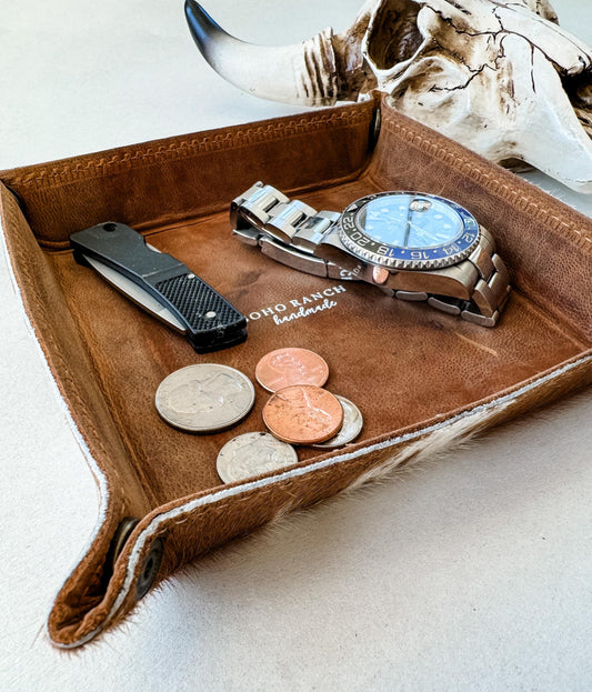 COWHIDE LEATHER TRAY - jewelry storage - Genuine Hair On cowhide | Leather catch all tray, valet tray, storage organizer