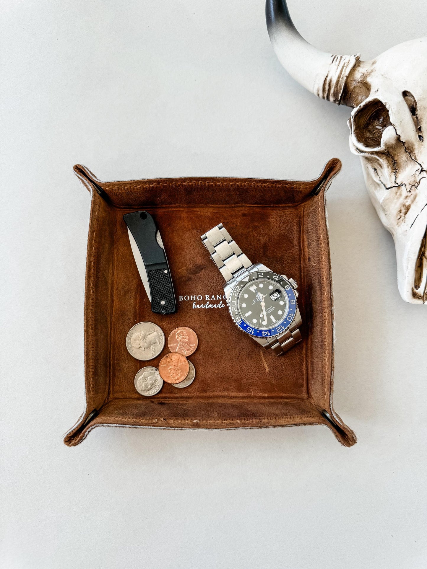 COWHIDE LEATHER TRAY - jewelry storage - Genuine Hair On cowhide | Leather catch all tray, valet tray, storage organizer