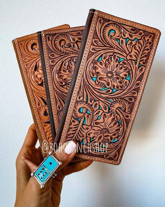 BIFOLD LEATHER WALLET Genuine Tooled Leather  | Tooling Western Man's Men Men's women Long Wallet Checkbook | gift idea