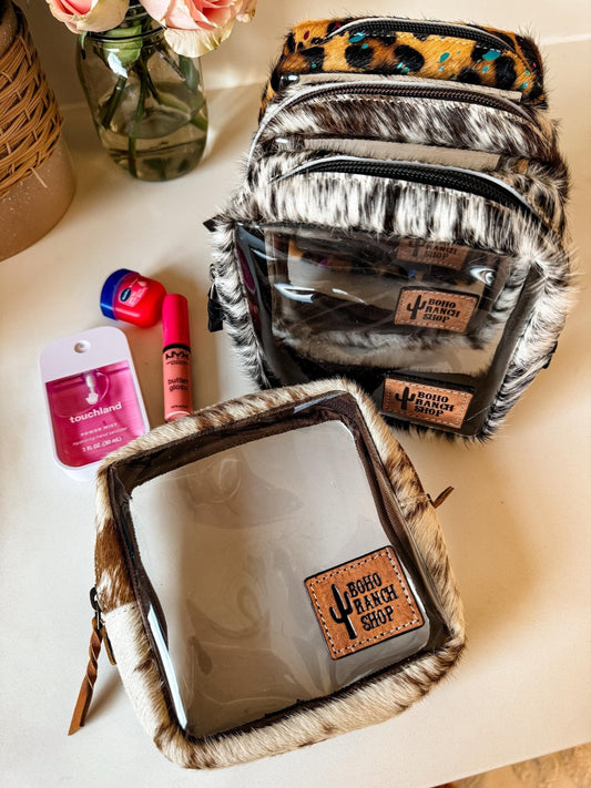 COWHIDE COSMETIC CASE Genuine Hair On Leather clear square makeup bag travel toiletry pouch western shaving cosmetics punchy howdy case