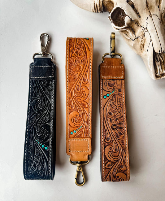 LEATHER WRISTLET STRAP | keychain key fob - hand tooled strap - black tan brown  - turquoise accent