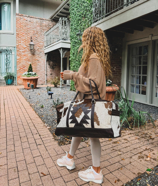 AZTEC TRAVEL DUFFLE leather hair on cowhide duffel travel bag | Tote purse | diaper Bag Weekend Overnight hospital bag | boho ranch