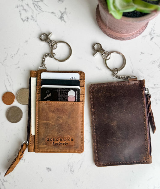 LEATHER KEYCHAIN WALLET | Genuine waxed leather Keychain Credit Card cash Holder Coin Pouch | gift idea | Gifts Her Him rustic rugged