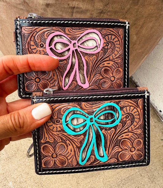 COWBOY HAT / BOW Keychain - brown wallet | Genuine hair on Cowhide Keychain Credit Card cash Holder Coin Pouch Gifts For Her Him