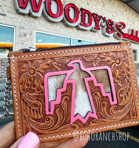 THUNDERBIRD LONGHORN KEYCHAIN tan wallet | Genuine hair on freebird Cowhide Keychain Credit Card cash Holder Coin Pouch Gifts For Her Him